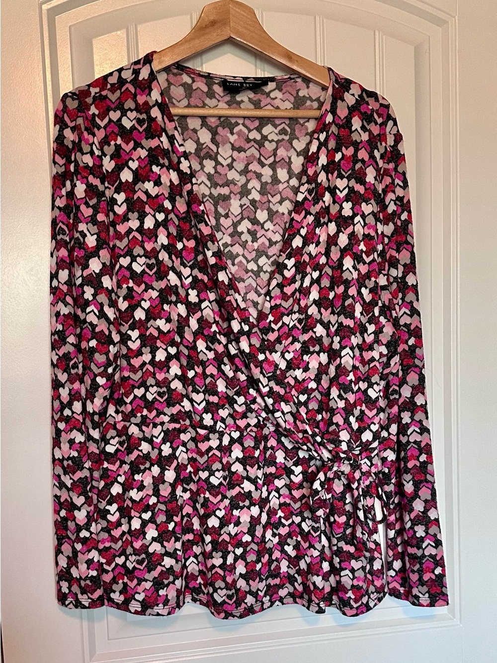 Lane Bryant Heart Print Faux Wrap Tie Waist Long Sleeve Blouse